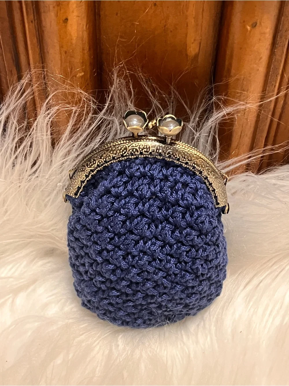Handmade Navy Crochet Kiss-Lock Coin Purse